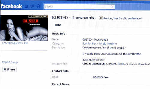 The Facebook group, Busted – Toowoomba, threatens to release photographs of visitors to Deviations, the city’s only legal brothel. The Facebook group, Busted – Toowoomba, threatens to release photographs of visitors to Deviations, the city’s only legal brothel.